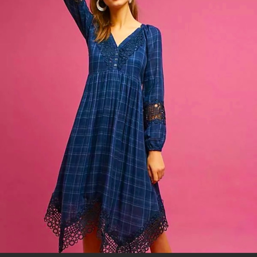 Anthropologie plaid kerchief dress with open weave lace design